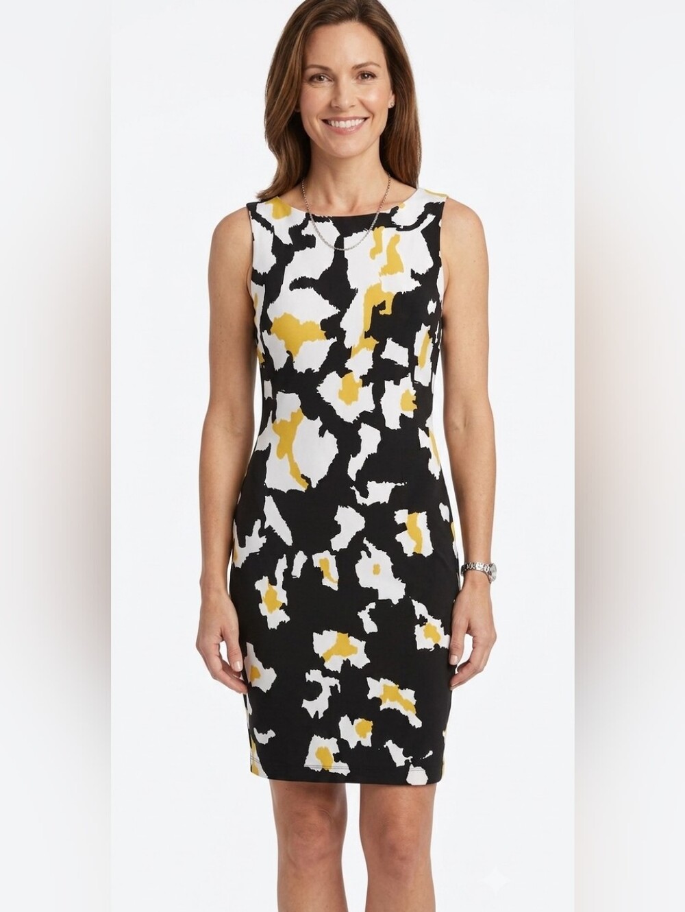 Cache Sleeveless Black, White & Yellow Printed Sheath Dress Size 0
